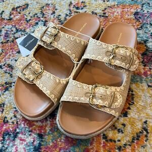 American Eagle AE Stitched Slide Sandals Natural Beige Tan Gold Buckles Size 10